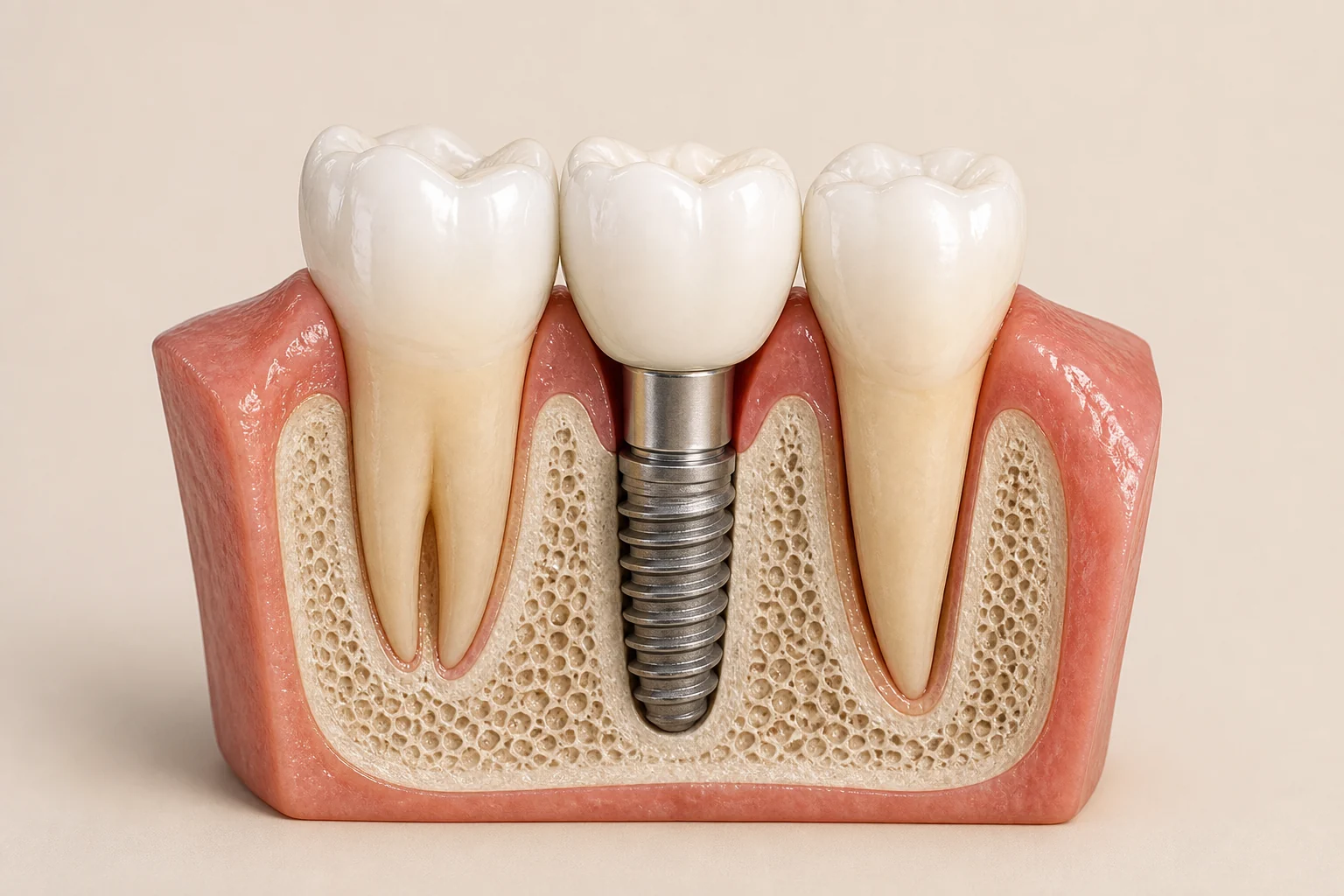Corte anatômico mostrando o pino de titânio dentro do osso e a coroa por cima, entre dois dentes naturais